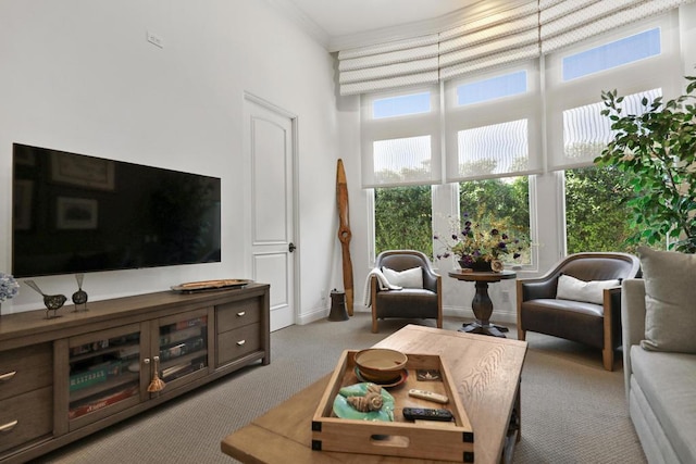 living room with a towering ceiling and light carpet