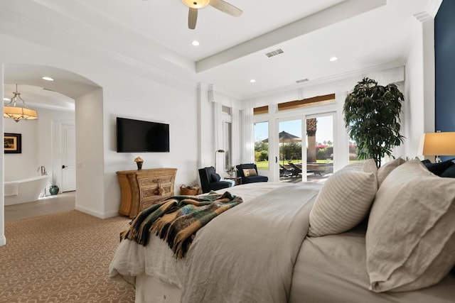 bedroom with crown molding, ceiling fan, access to exterior, and light carpet