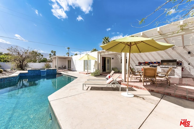 view of swimming pool with a pergola, a jacuzzi, grilling area, and a patio