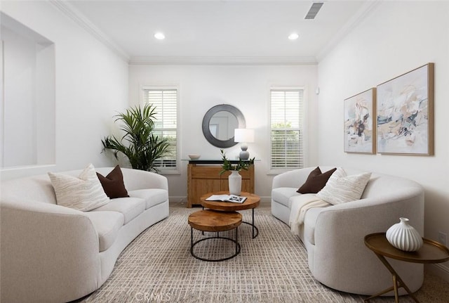 living room featuring ornamental molding