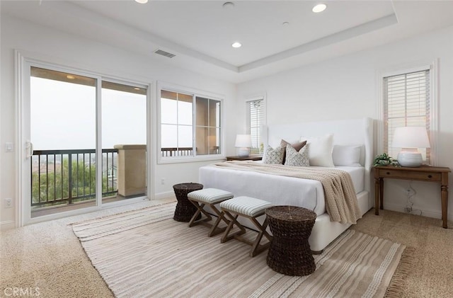 bedroom with a tray ceiling, access to outside, and multiple windows