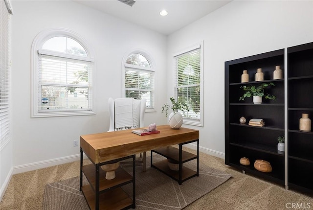 carpeted home office with a healthy amount of sunlight