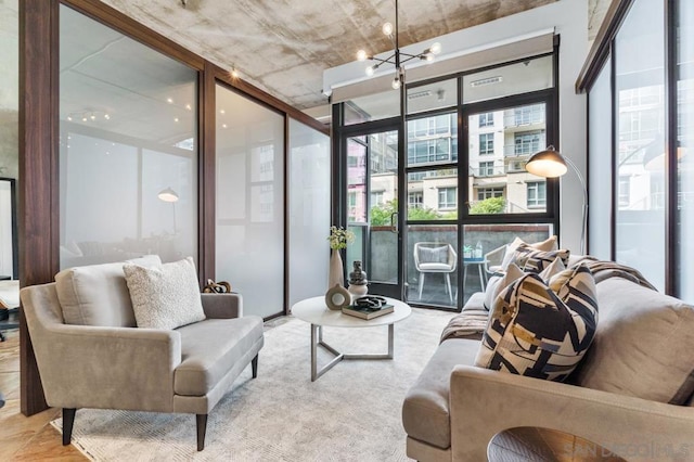 living room with floor to ceiling windows