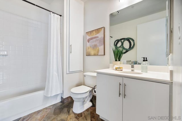 full bathroom with toilet, shower / bath combination with curtain, and vanity