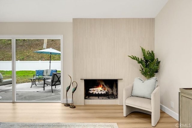 sitting room featuring light wood-type flooring and a fireplace