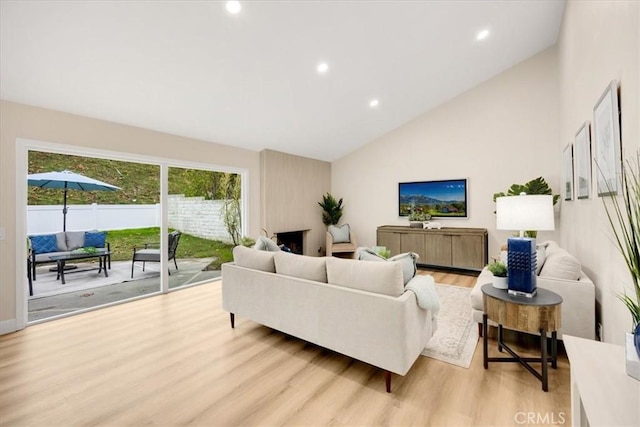 living room with light hardwood / wood-style flooring and lofted ceiling