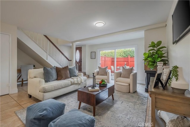 living room with light tile patterned floors