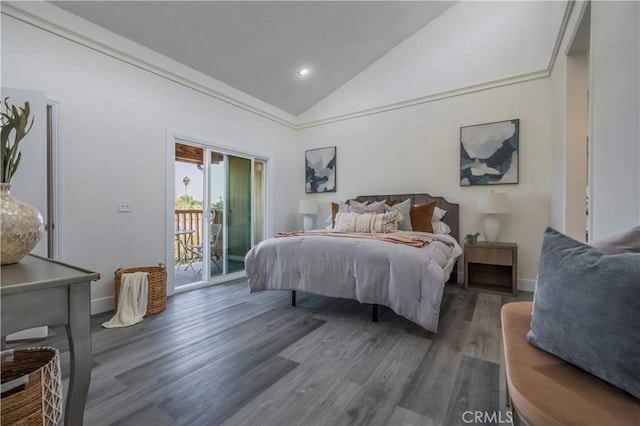 bedroom with high vaulted ceiling, access to exterior, and dark hardwood / wood-style flooring