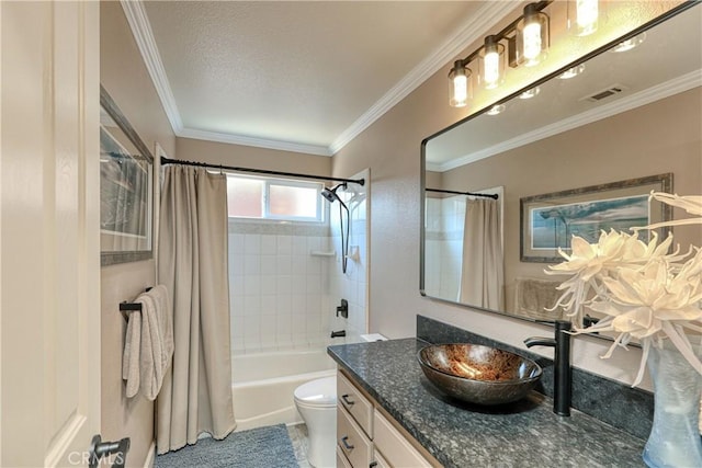 full bathroom featuring toilet, tile patterned flooring, ornamental molding, shower / bath combo, and vanity