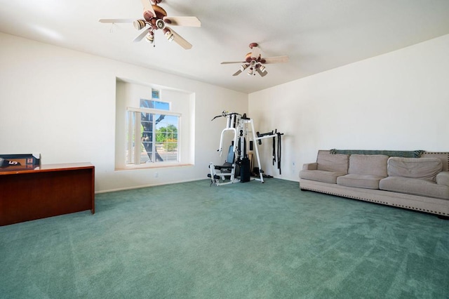 interior space with ceiling fan and carpet