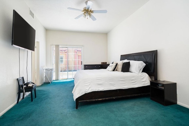 bedroom featuring ceiling fan, access to outside, and dark colored carpet