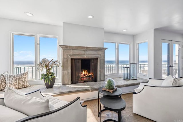 living room featuring a water view, french doors, a fireplace, and a wealth of natural light