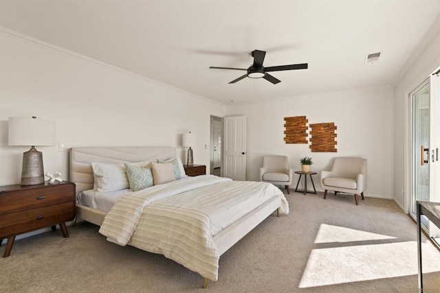 bedroom featuring ceiling fan, light colored carpet, and ornamental molding