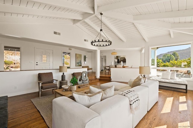 living room featuring a healthy amount of sunlight, beam ceiling, and hardwood / wood-style flooring