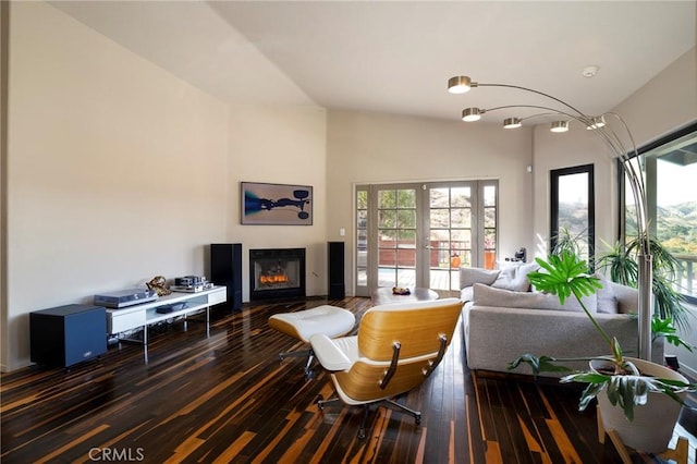 living room with french doors and dark hardwood / wood-style floors