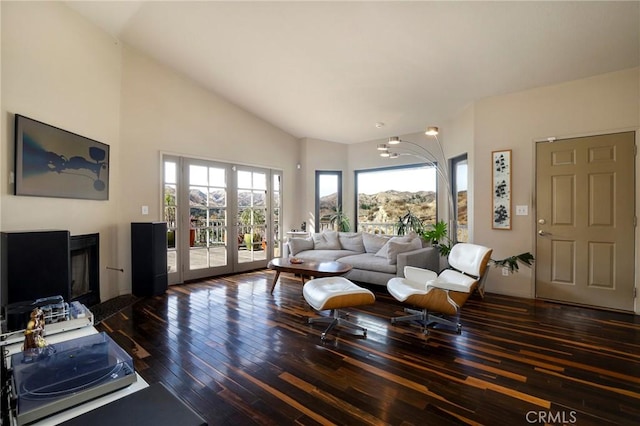 living room featuring high vaulted ceiling, a fireplace, dark hardwood / wood-style floors, and a notable chandelier