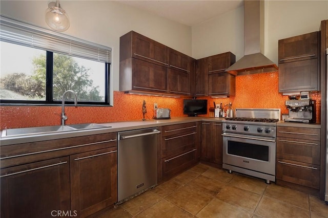 kitchen with appliances with stainless steel finishes, backsplash, wall chimney exhaust hood, dark brown cabinetry, and sink