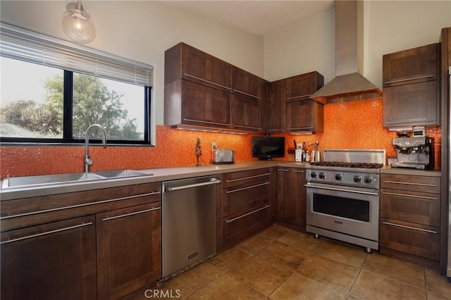 kitchen with sink, stainless steel appliances, wall chimney exhaust hood, dark brown cabinetry, and decorative backsplash