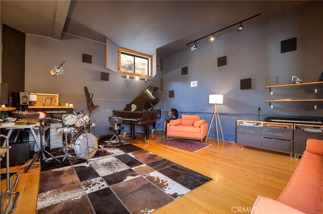 living room with rail lighting, a high ceiling, and hardwood / wood-style floors