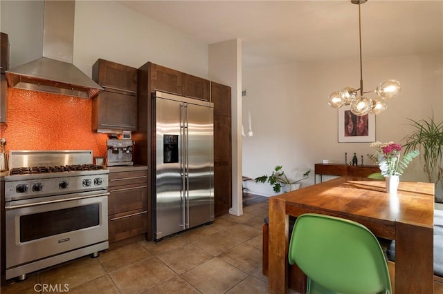 kitchen with light tile patterned floors, extractor fan, high end appliances, hanging light fixtures, and decorative backsplash