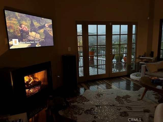 doorway featuring hardwood / wood-style floors and a mountain view