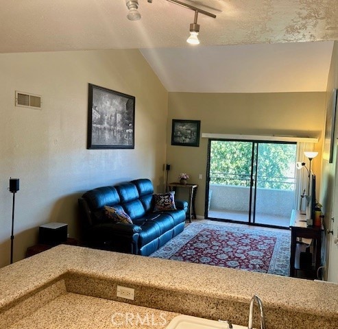 living room with track lighting and lofted ceiling