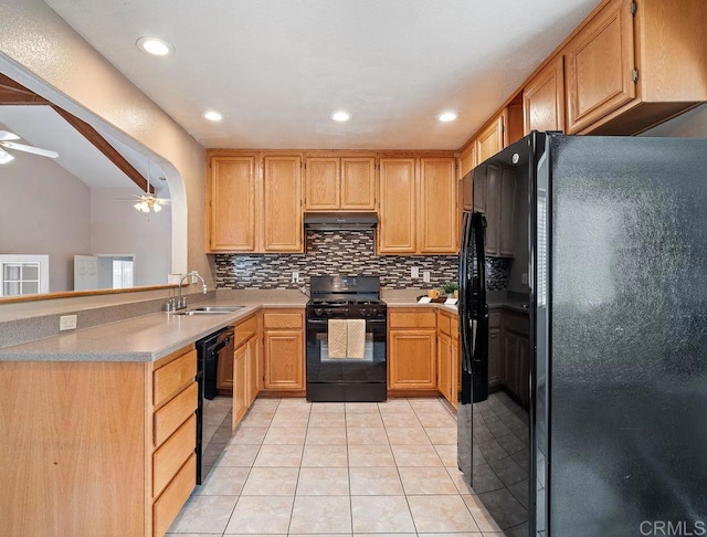 kitchen with ceiling fan, sink, decorative backsplash, light tile patterned floors, and black appliances