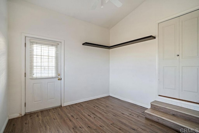 interior space with hardwood / wood-style floors, ceiling fan, and lofted ceiling