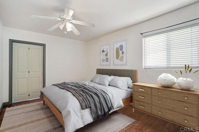 bedroom with dark hardwood / wood-style flooring, ceiling fan, and a closet