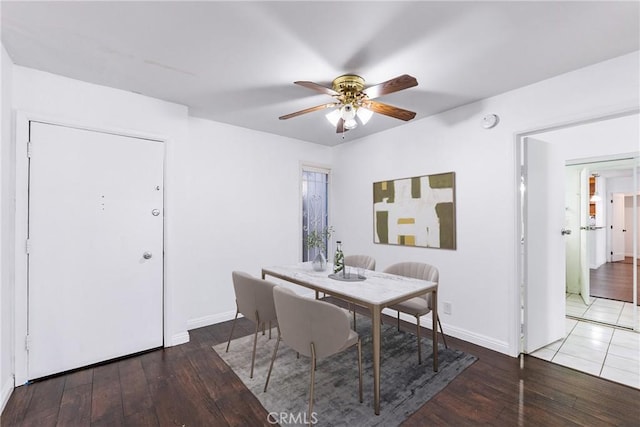 dining area featuring ceiling fan and dark hardwood / wood-style flooring