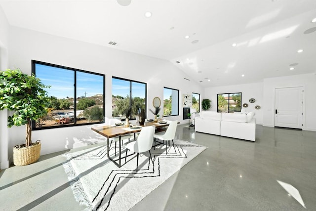 living room featuring lofted ceiling and concrete floors