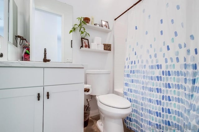 full bathroom with toilet, vanity, and shower / bath combination with curtain