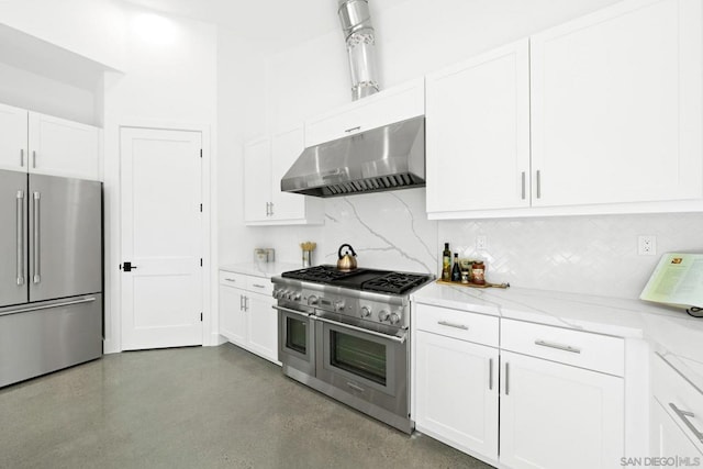 kitchen featuring white cabinetry, ventilation hood, stainless steel appliances, backsplash, and light stone countertops