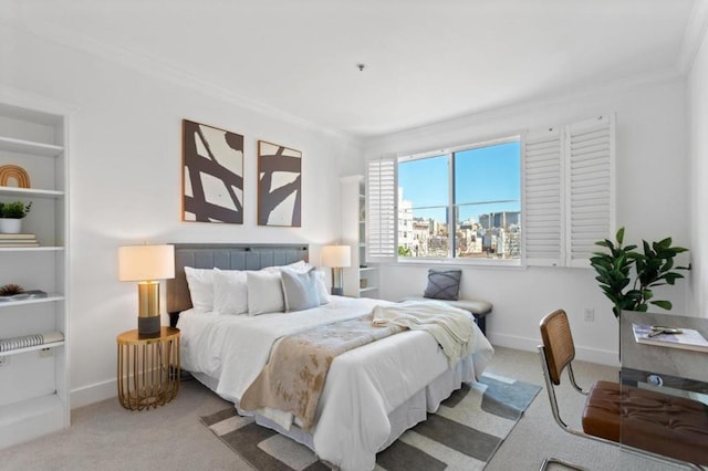 bedroom with light carpet and ornamental molding