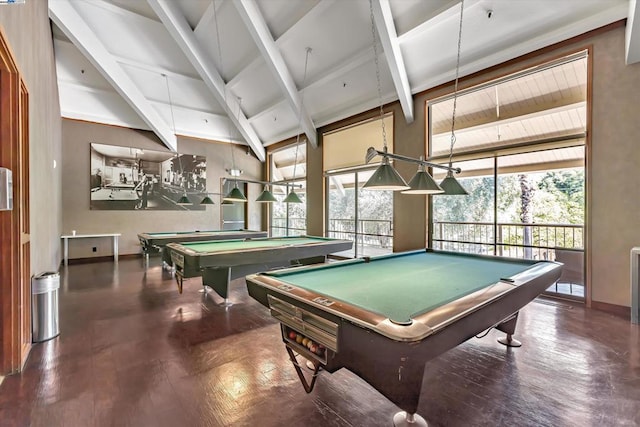 rec room with beamed ceiling, dark wood-type flooring, and billiards