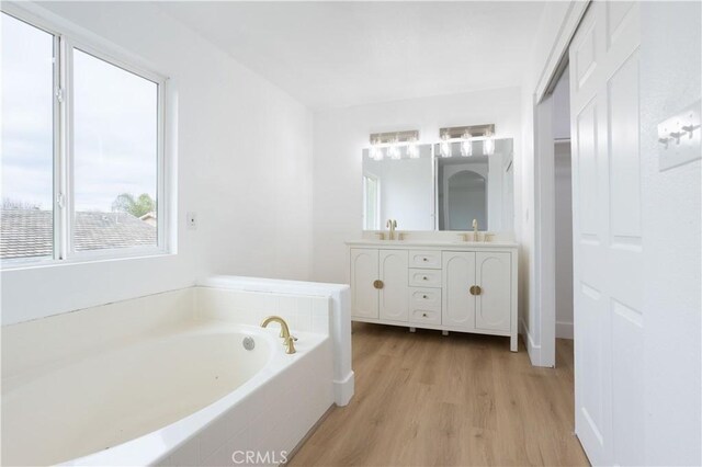 bathroom with vanity, a bathing tub, and hardwood / wood-style floors