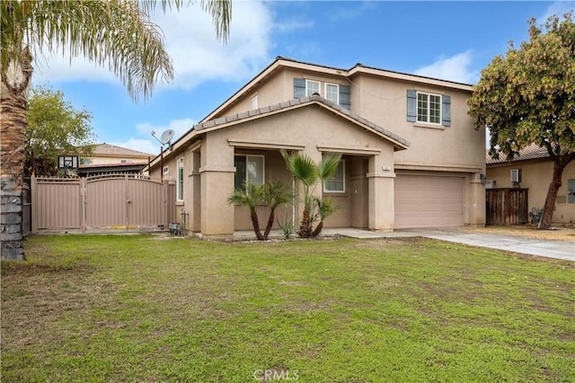 view of front of property with stucco siding, driveway, a gate, a front yard, and an attached garage