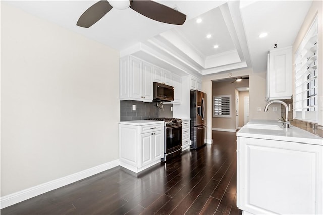 kitchen featuring appliances with stainless steel finishes, a tray ceiling, dark hardwood / wood-style flooring, white cabinets, and sink