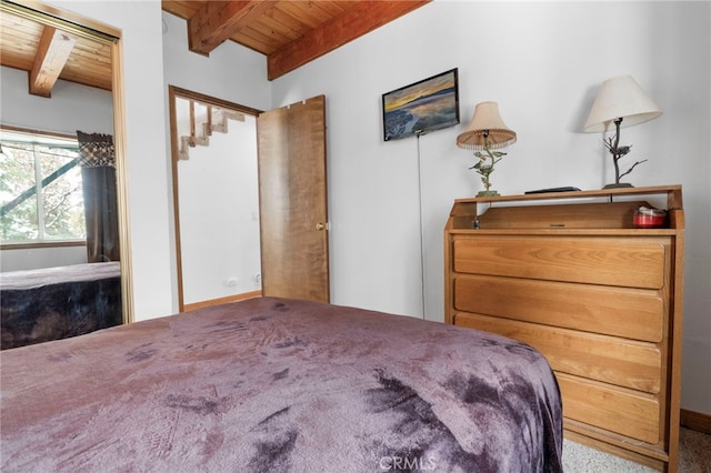 bedroom with wood ceiling and beam ceiling