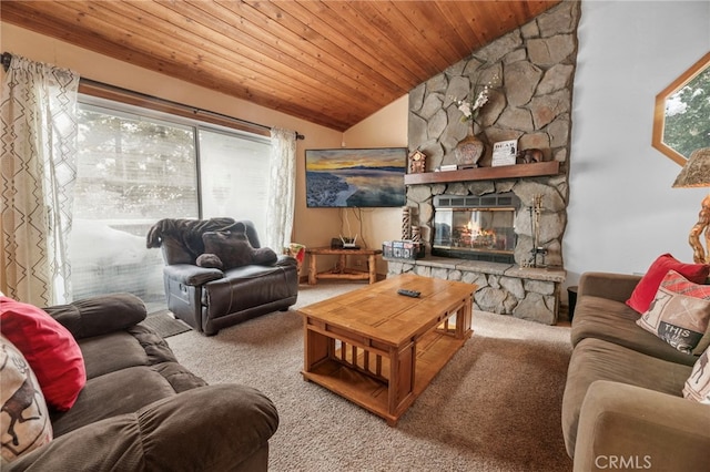 carpeted living room featuring lofted ceiling, a fireplace, and wood ceiling