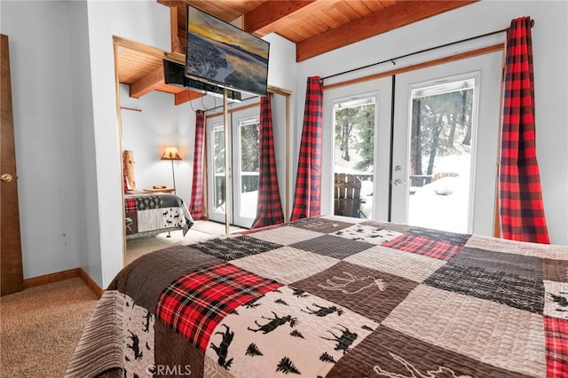 carpeted bedroom with access to outside, wooden ceiling, beam ceiling, and french doors