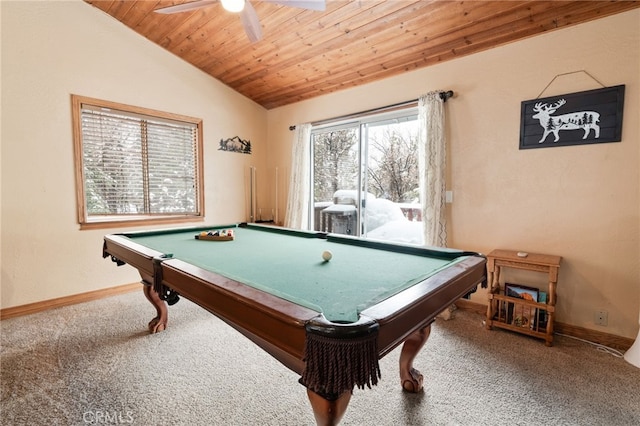 recreation room with ceiling fan, billiards, wood ceiling, and carpet flooring