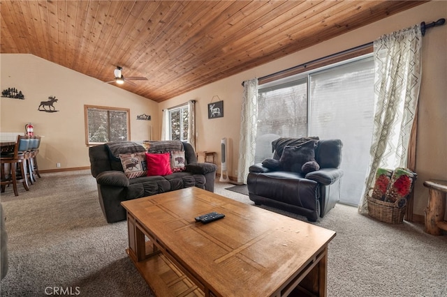 carpeted living room featuring ceiling fan, lofted ceiling, and wood ceiling