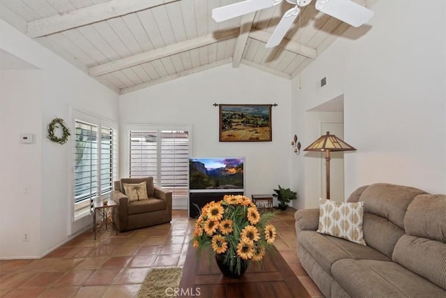 living room featuring ceiling fan, beam ceiling, high vaulted ceiling, and wooden ceiling