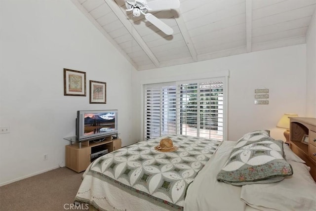 bedroom featuring ceiling fan, lofted ceiling with beams, carpet, and wood ceiling