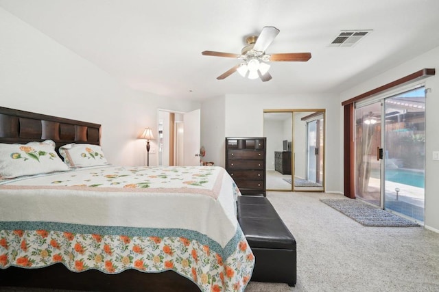 bedroom featuring ceiling fan, carpet, a closet, and access to outside