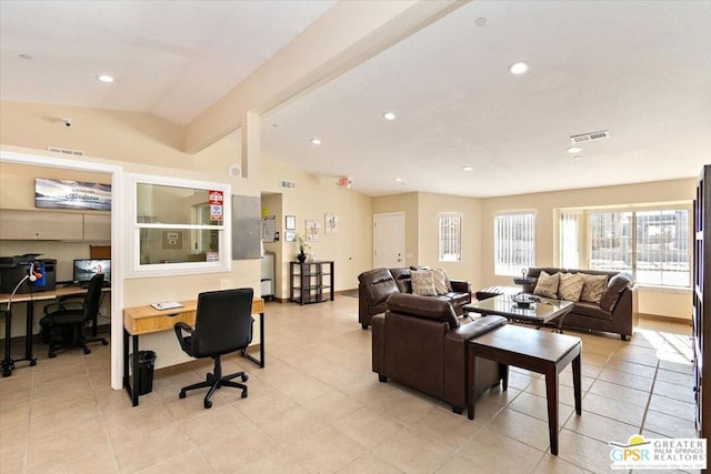 living room featuring lofted ceiling