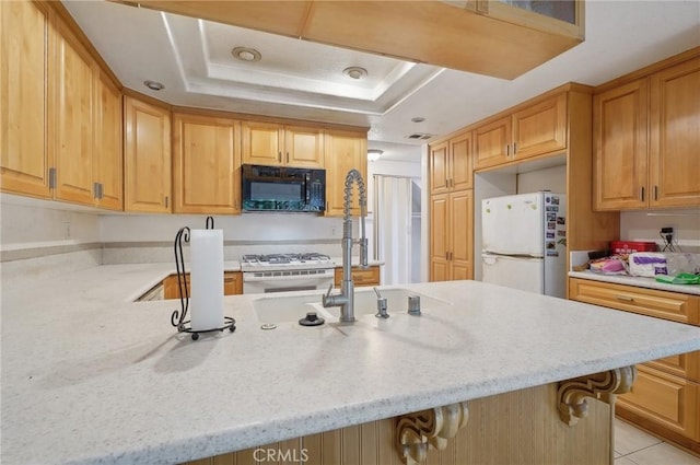 kitchen featuring white appliances, a kitchen bar, a tray ceiling, and light stone countertops