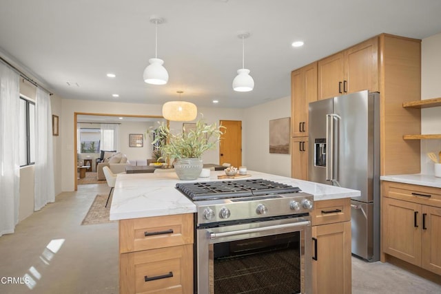 kitchen with light stone counters, a center island, stainless steel appliances, recessed lighting, and open floor plan