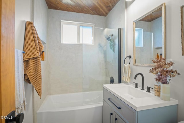 full bathroom with wood ceiling, bathing tub / shower combination, and vanity